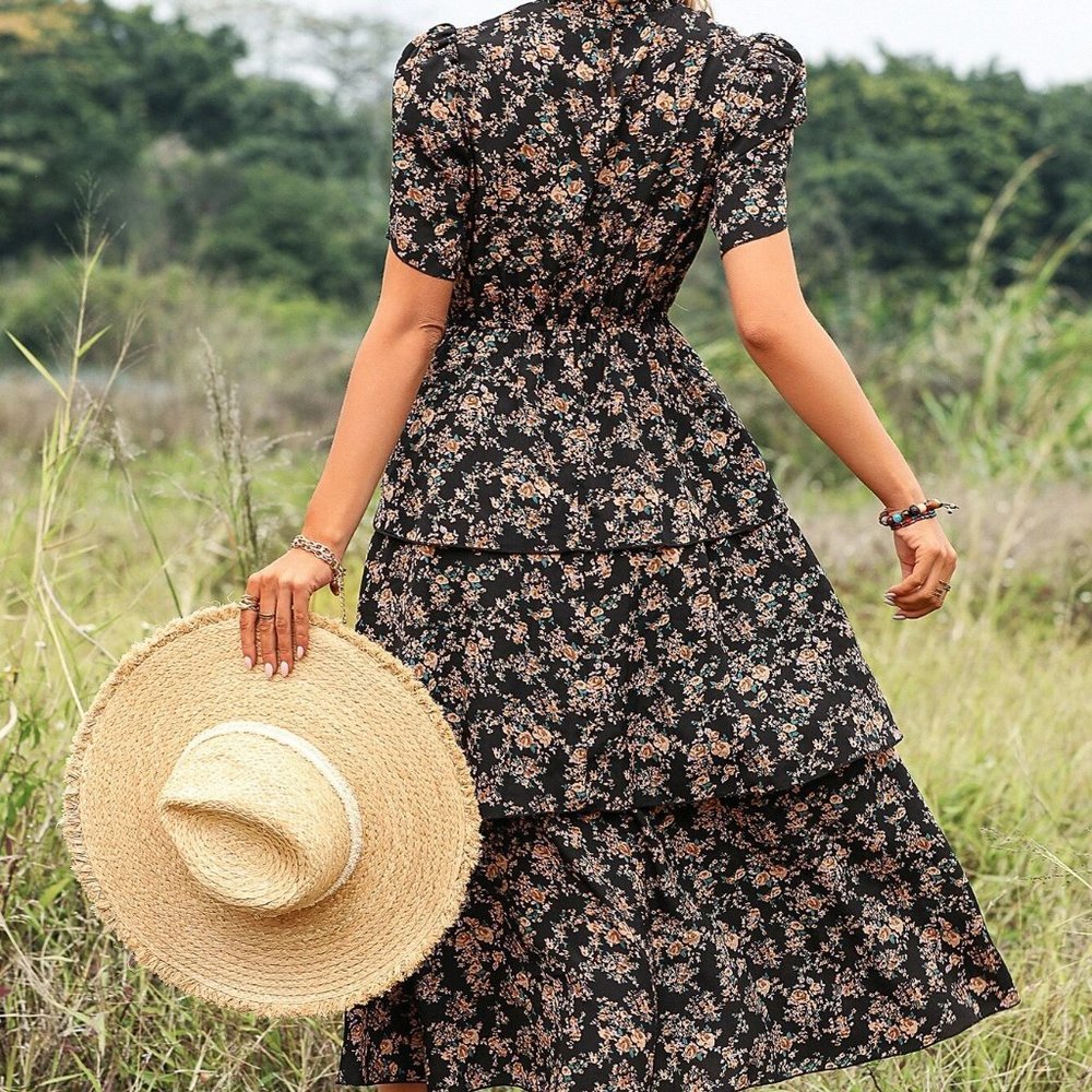 Black Boho Womens Ditsy Floral Print Petal Sleeve Layered Hem Dress - Picture 2 of 5